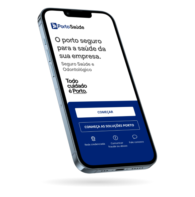 Aplicativo Porto Seguro Saúde exibido em smartphone, com acesso a descontos, telemedicina, rede credenciada nacional, resultados de exames e carteirinha digital.